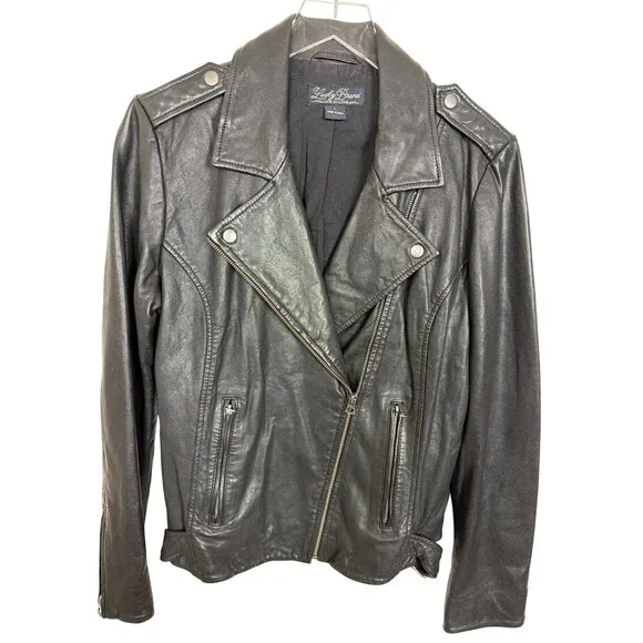 Lucky Brand Womens Black Genuine Leather Moto Jacket Size L - Picture 10 of 16